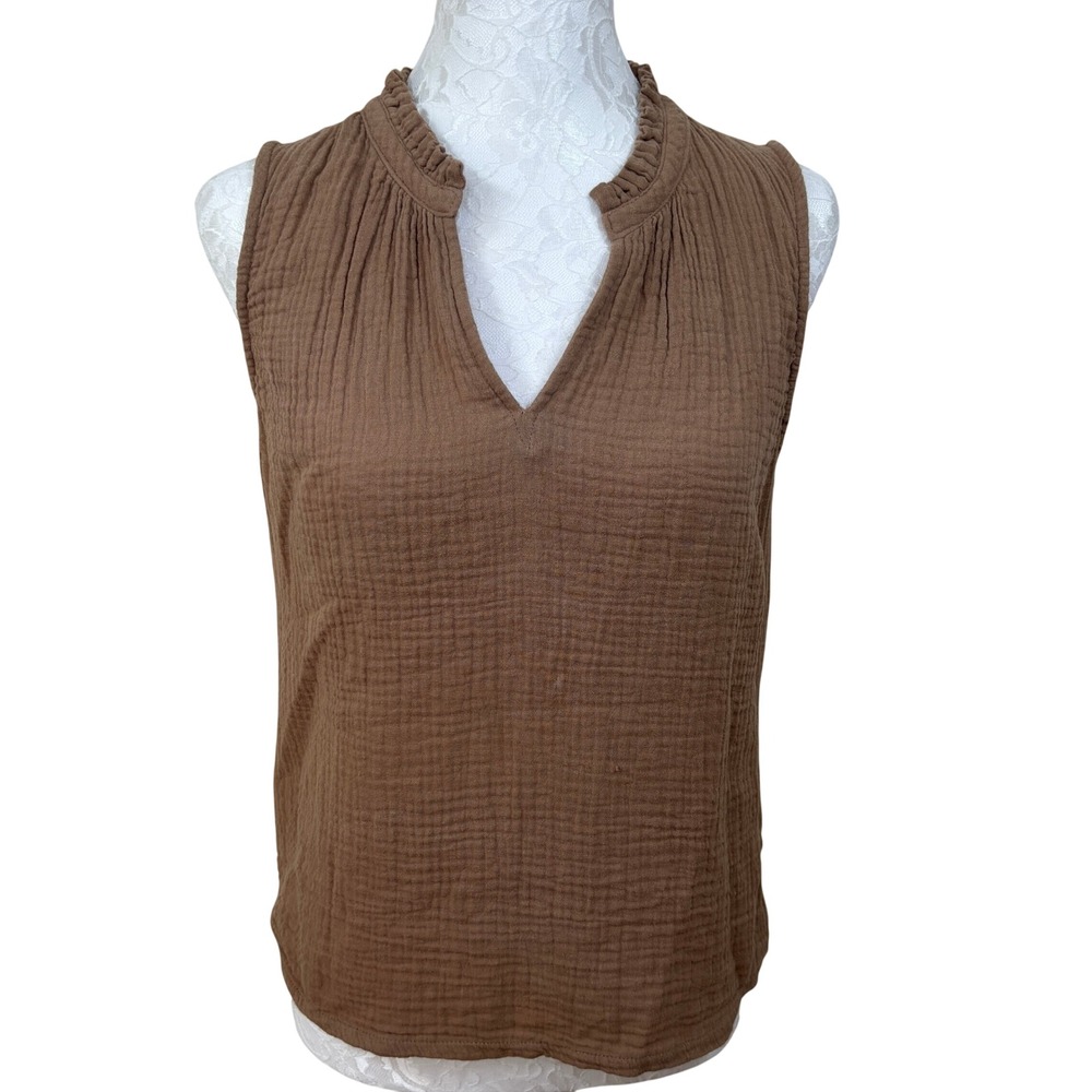 Rails Brown Crinkle Organic Cotton Ruffle Collar V-Neck Top Blouse Womens Small